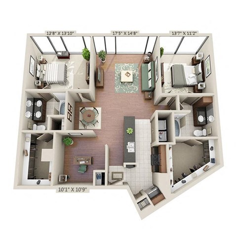 Floor plan for 2 beds, 2 baths, 1429 sqft